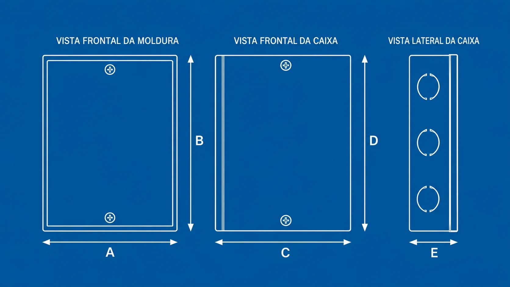 Desenho técnico de Caixas de Passagem Metálicas de Embutir e Sobrepor